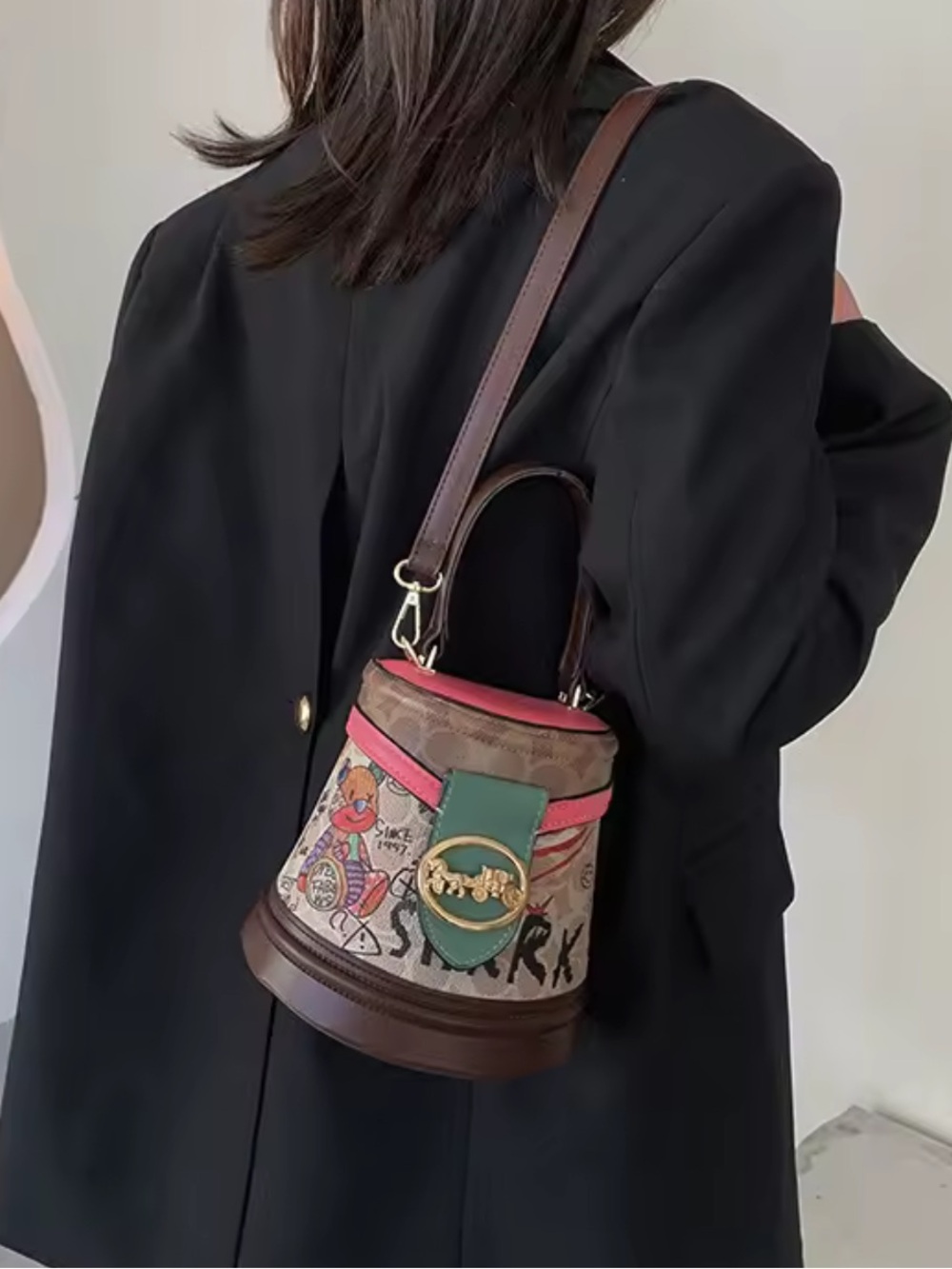 8 Other Reasons Multicolor Canvas Mini Bucket Bag with Brown Leather